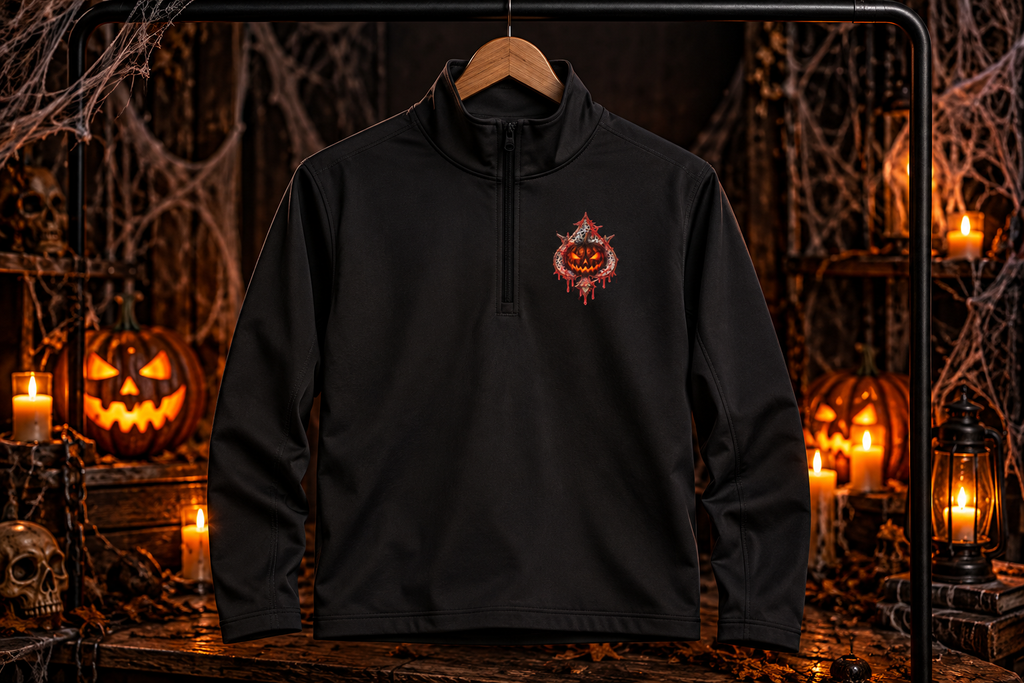Gothic Skull Moth Quarter-Zip Pullover | Red Dripping Halloween Graphic