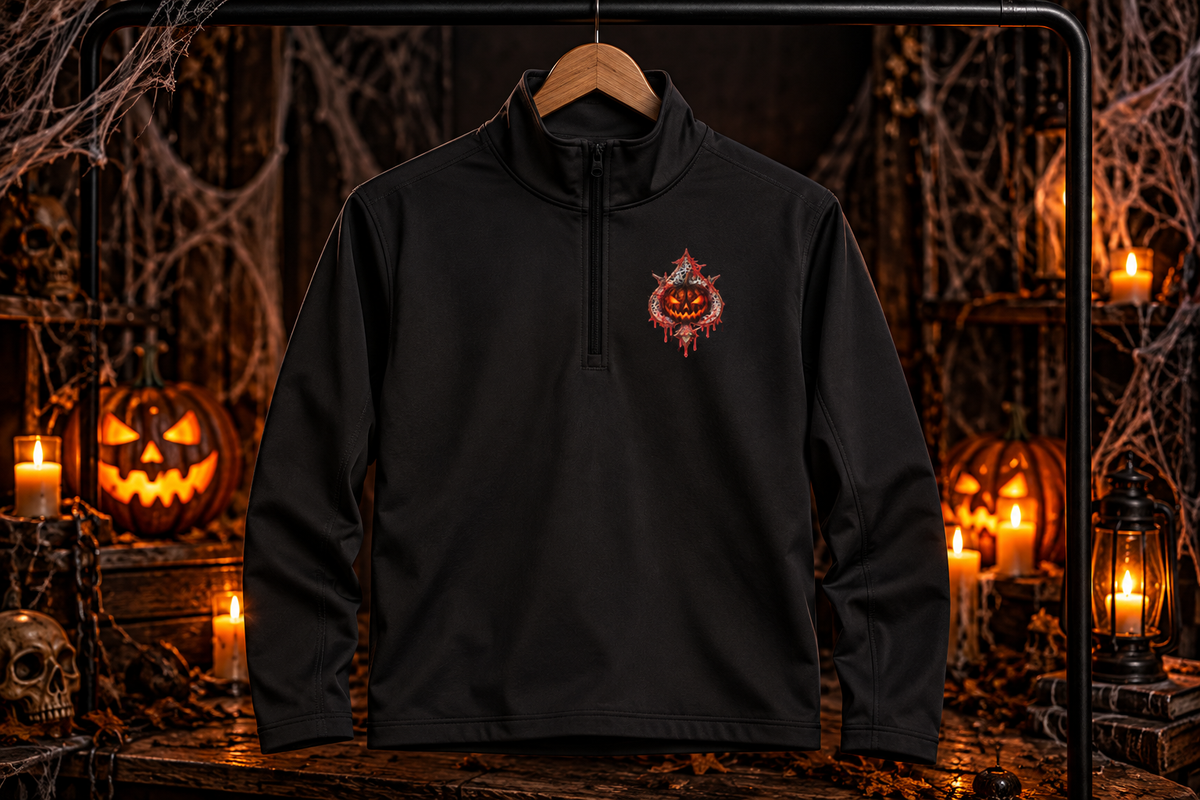 Gothic Skull Moth Quarter-Zip Pullover | Red Dripping Halloween Graphic