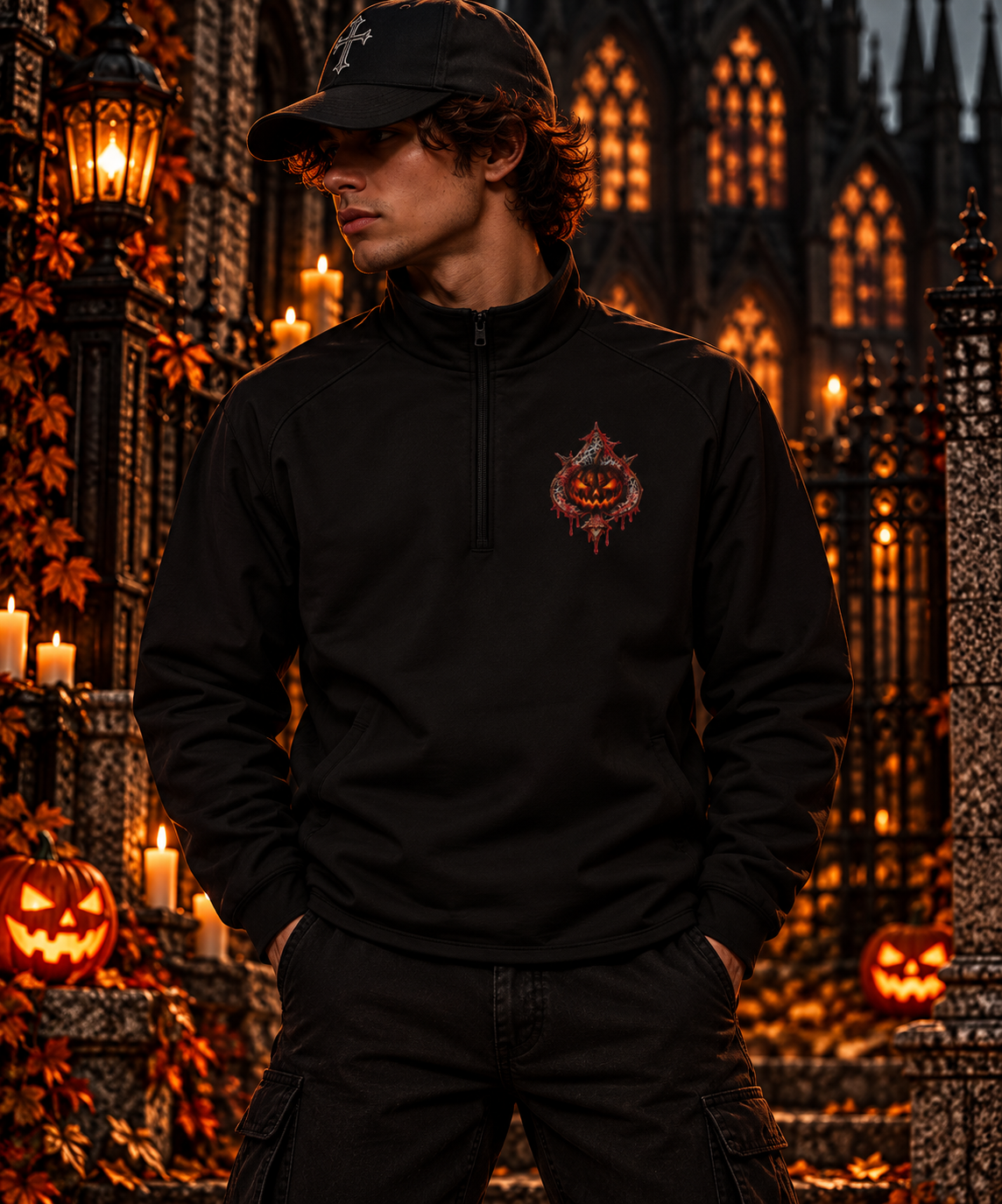 Gothic Skull Moth Quarter-Zip Pullover | Red Dripping Halloween Graphic