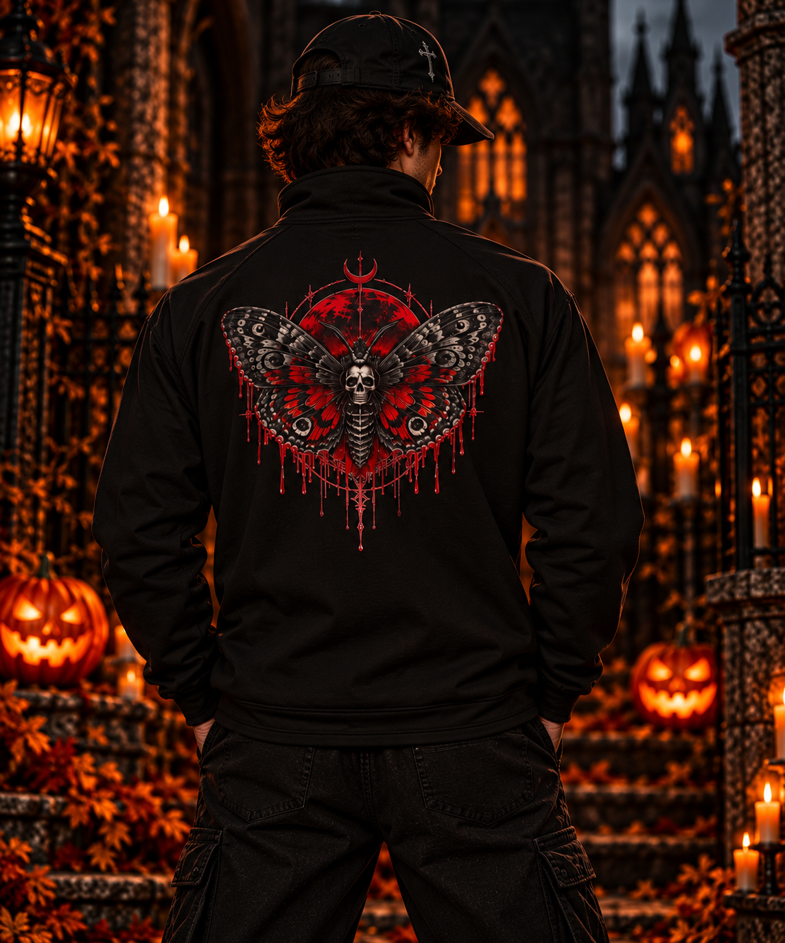 Gothic Skull Moth Quarter-Zip Pullover | Red Dripping Halloween Graphic