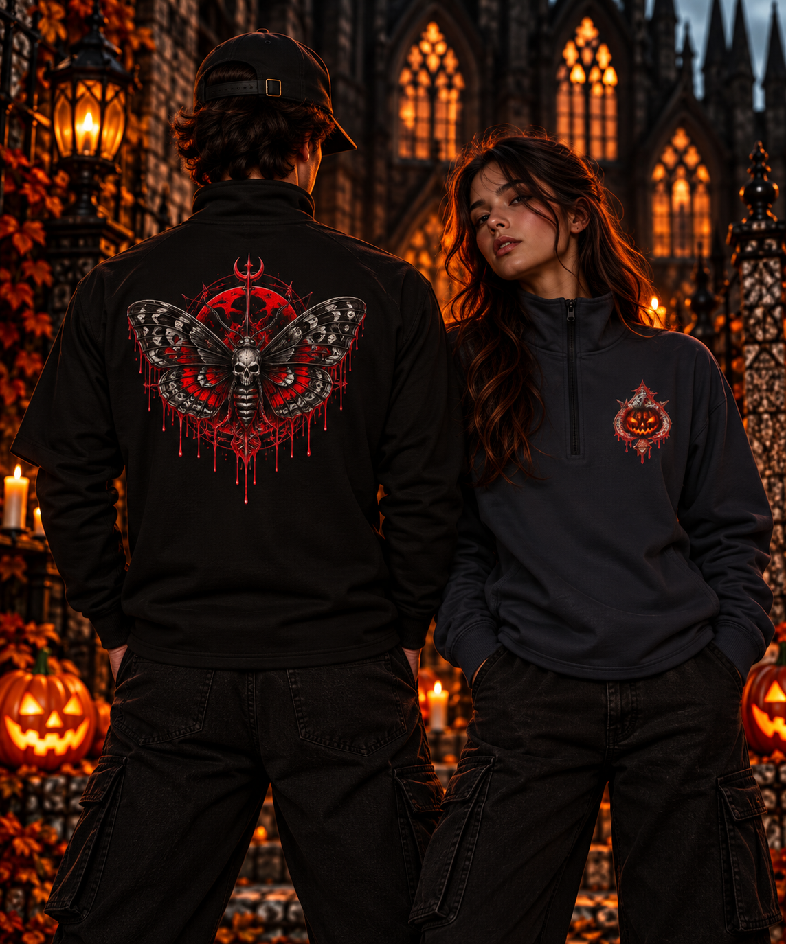Gothic Skull Moth Quarter-Zip Pullover | Red Dripping Halloween Graphic