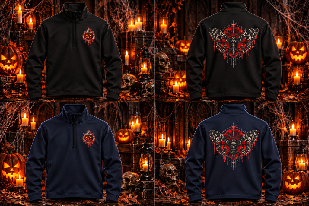 Gothic Skull Moth Quarter-Zip Pullover | Red Dripping Halloween Graphic