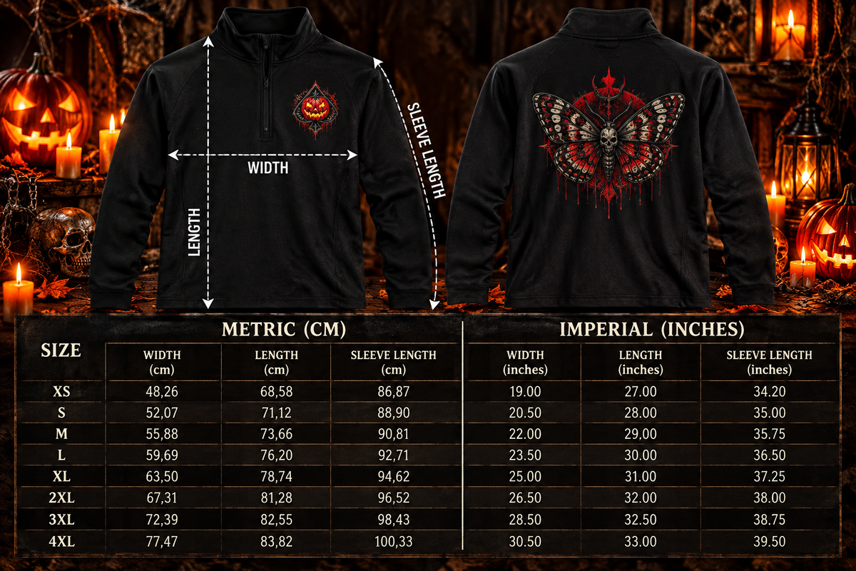Gothic Skull Moth Quarter-Zip Pullover | Red Dripping Halloween Graphic