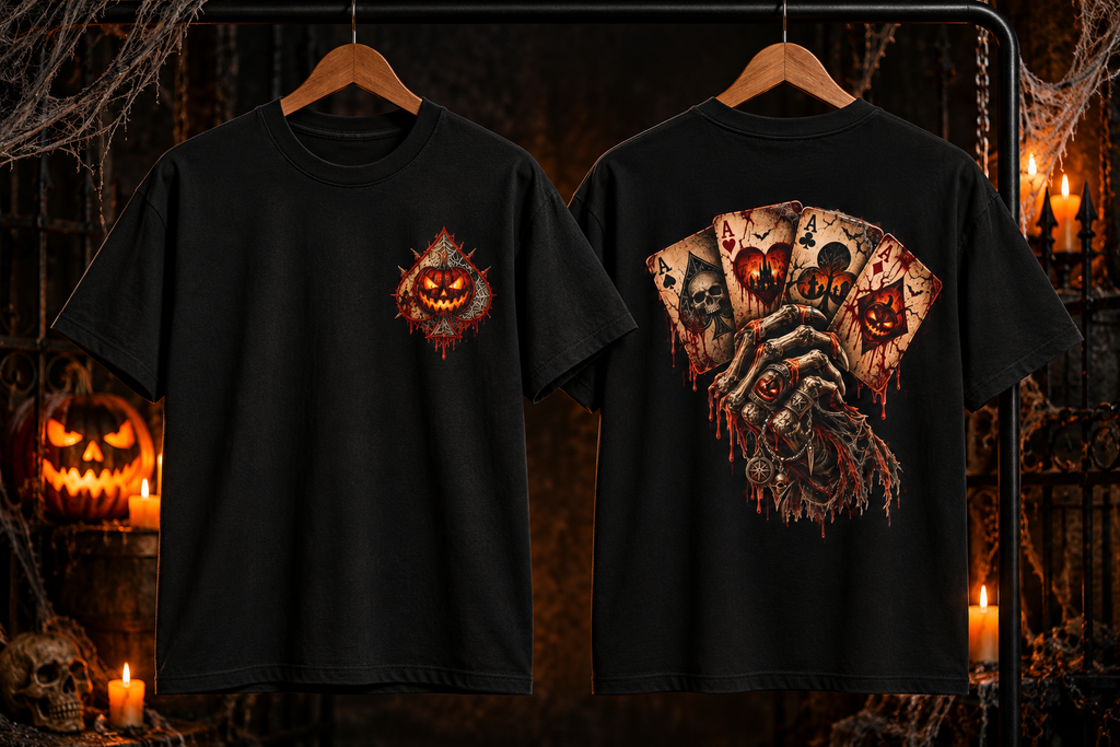 Skeleton Hand Playing Cards Tee | Bloody Halloween Horror T-Shirt