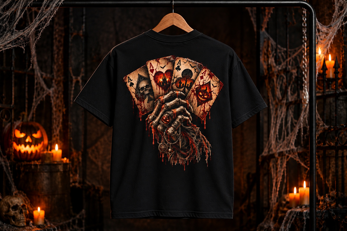 Skeleton Hand Playing Cards Tee | Bloody Halloween Horror T-Shirt
