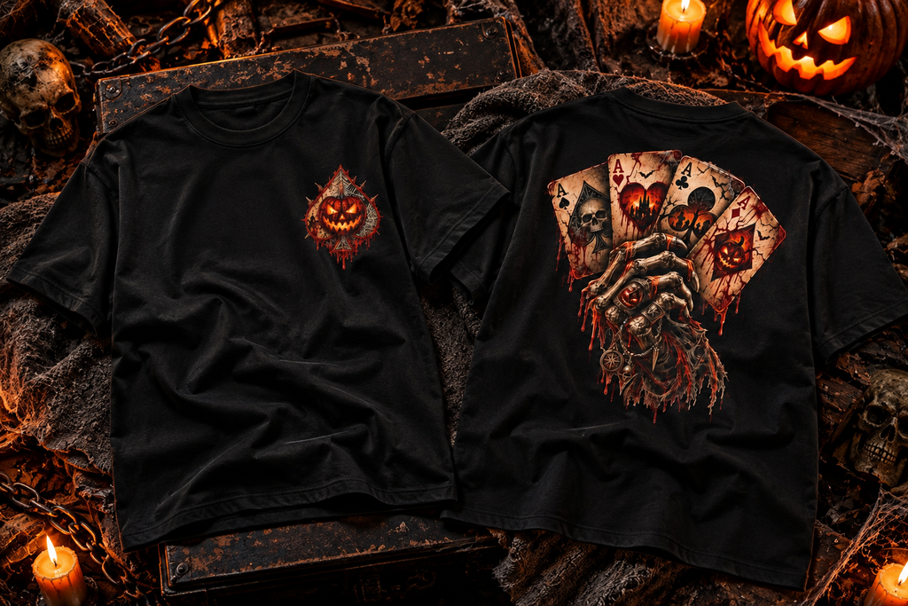 Skeleton Hand Playing Cards Tee | Bloody Halloween Horror T-Shirt