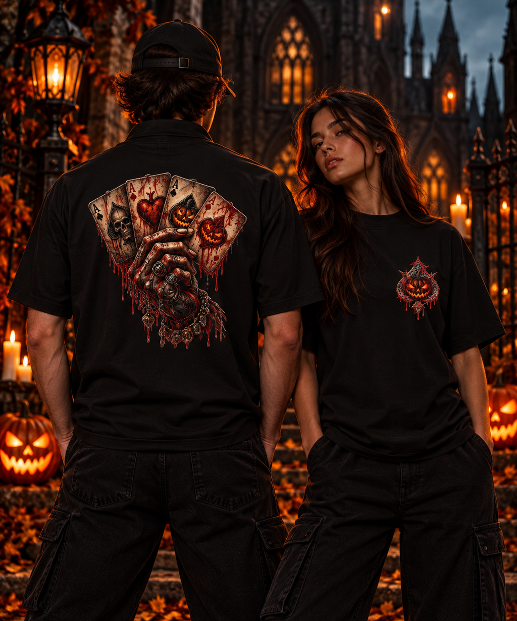 Skeleton Hand Playing Cards Tee | Bloody Halloween Horror T-Shirt