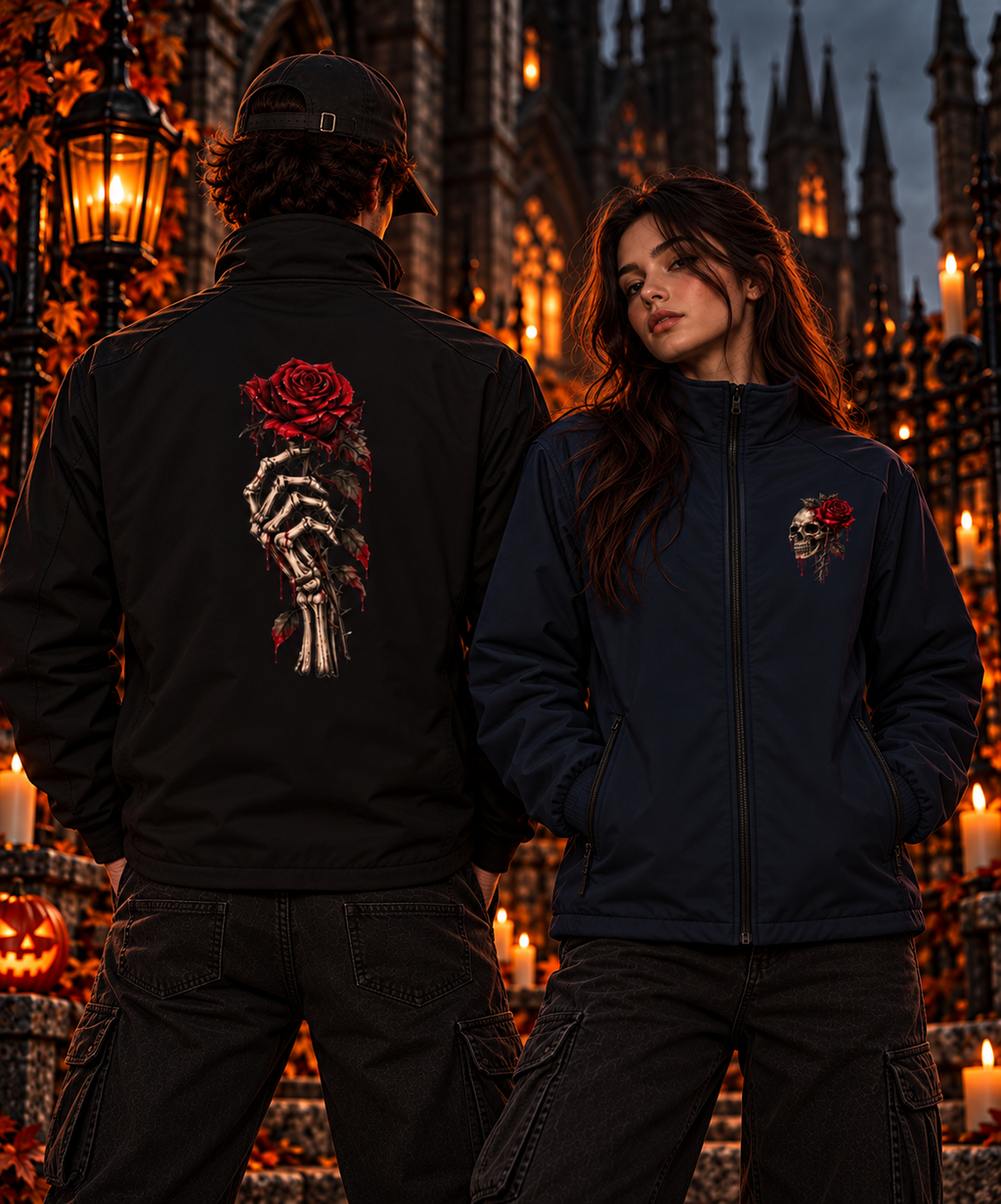 Skeleton Hand Holding Rose Softshell Jacket | Gothic Skull Back Print