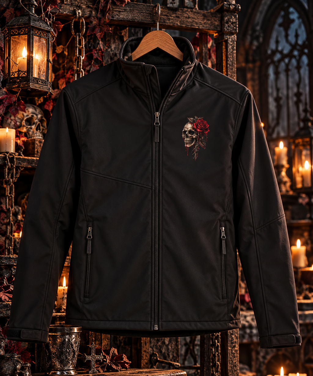 Skeleton Hand Holding Rose Softshell Jacket | Gothic Skull Back Print