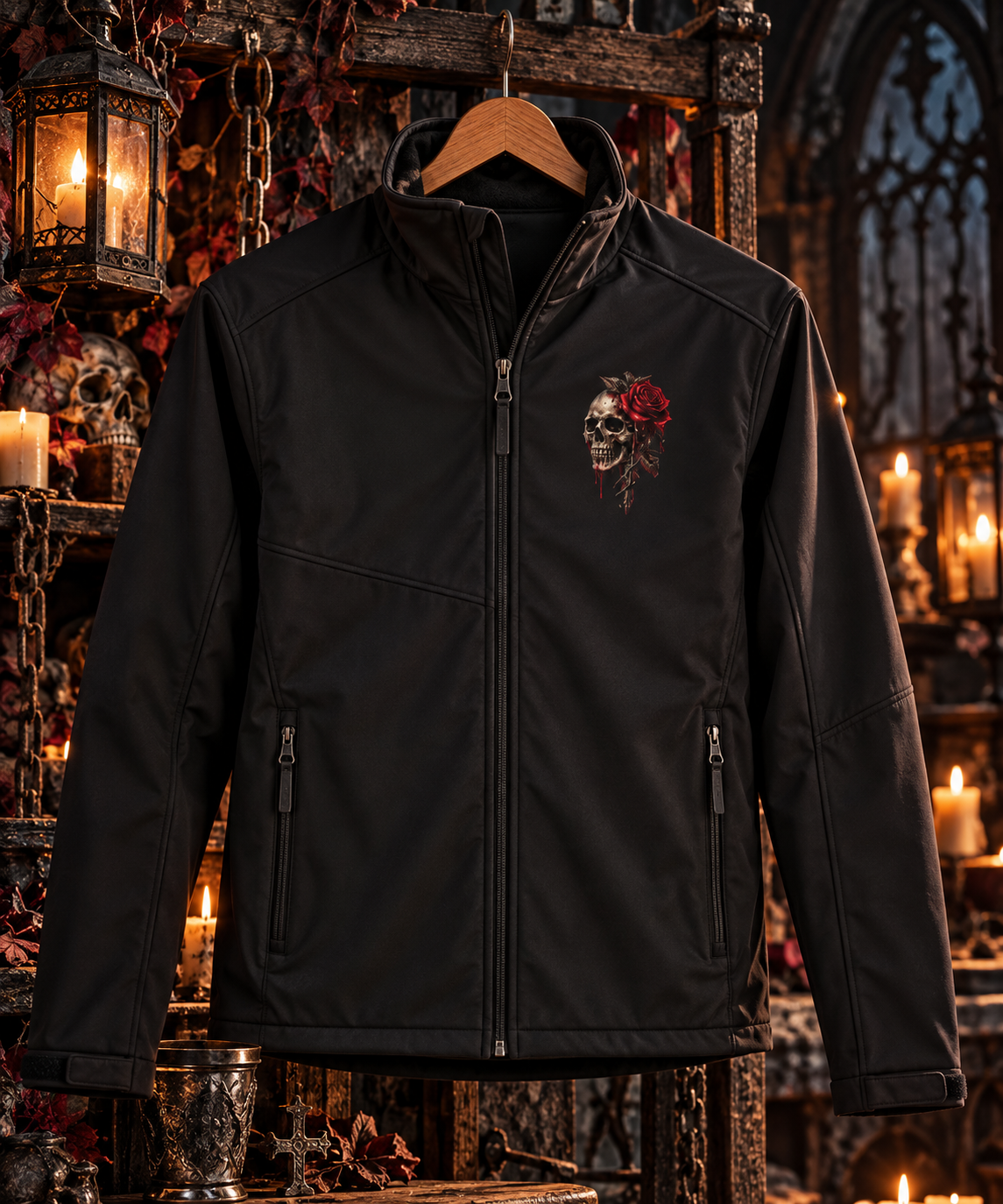 Skeleton Hand Holding Rose Softshell Jacket | Gothic Skull Back Print