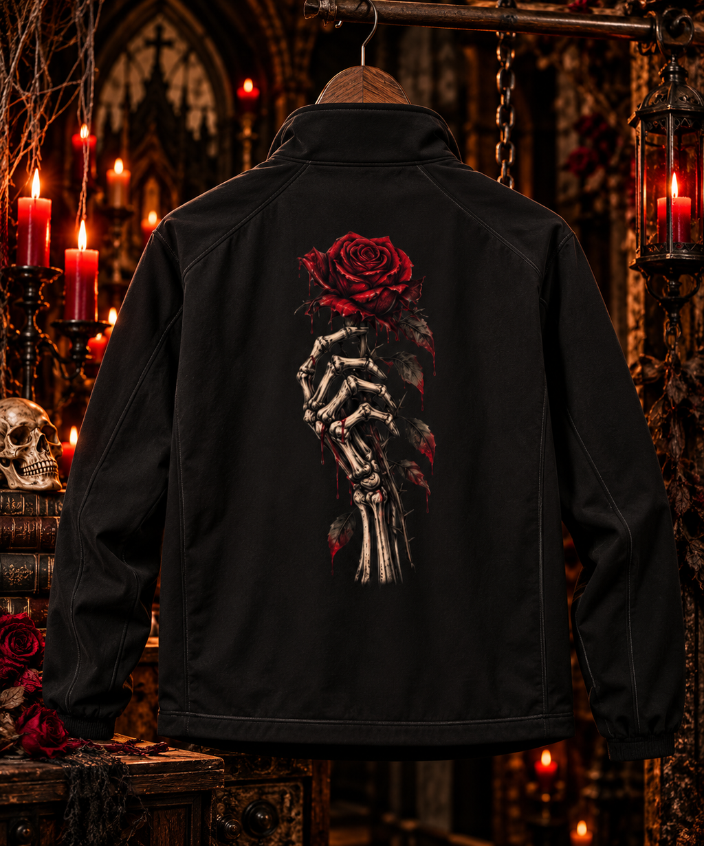 Skeleton Hand Holding Rose Softshell Jacket | Gothic Skull Back Print