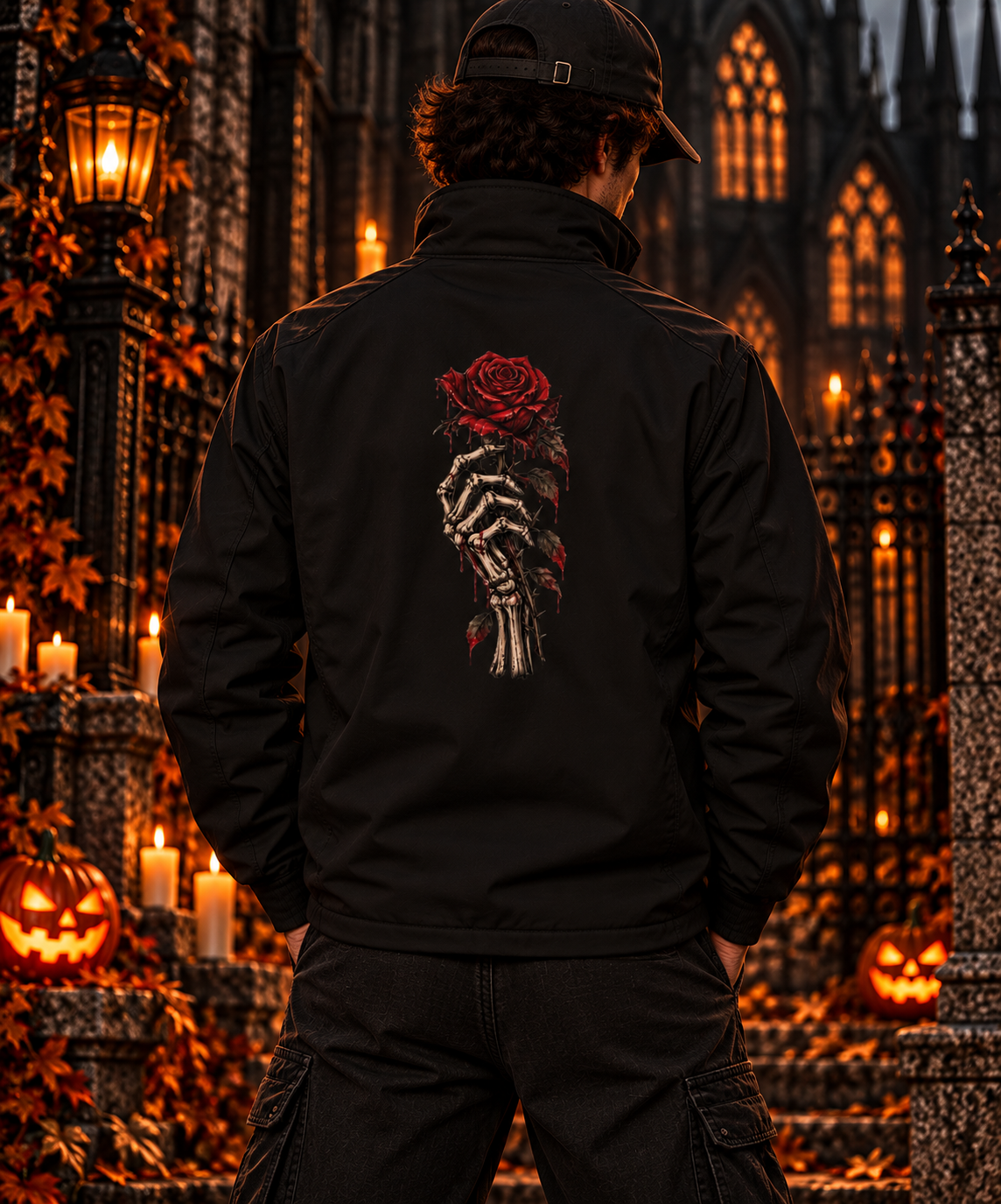 Skeleton Hand Holding Rose Softshell Jacket | Gothic Skull Back Print