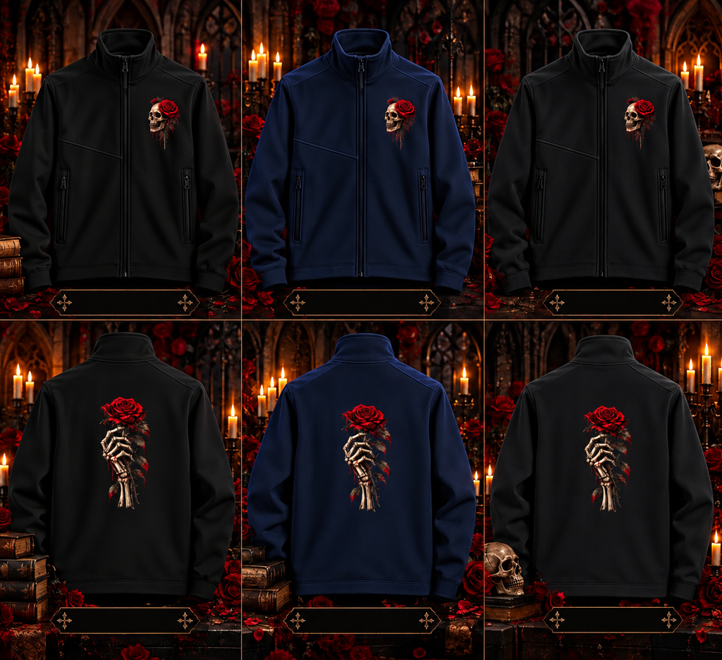 Skeleton Hand Holding Rose Softshell Jacket | Gothic Skull Back Print