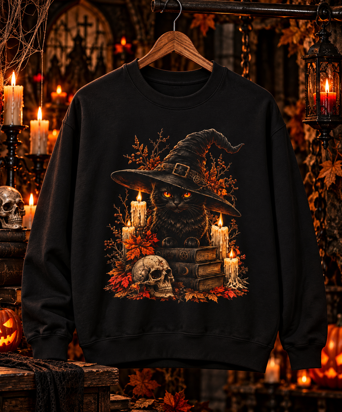 Witch Cat with Candles Skull Books Sweatshirt | Halloween Witchy Crewneck