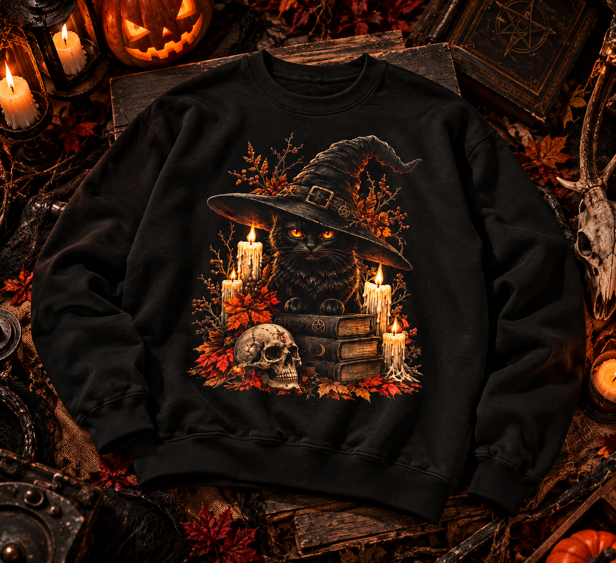 Witch Cat with Candles Skull Books Sweatshirt | Halloween Witchy Crewneck