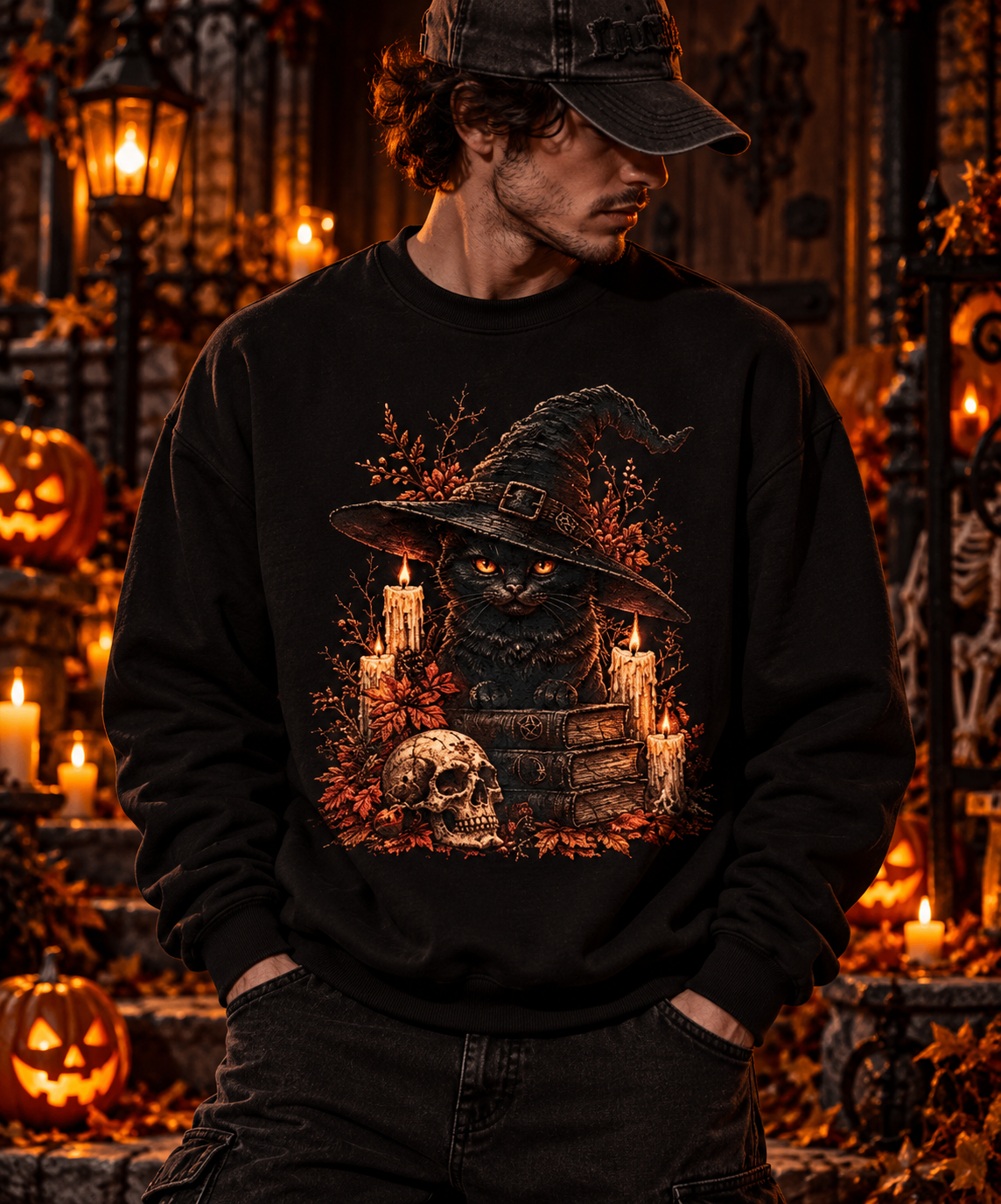 Witch Cat with Candles Skull Books Sweatshirt | Halloween Witchy Crewneck