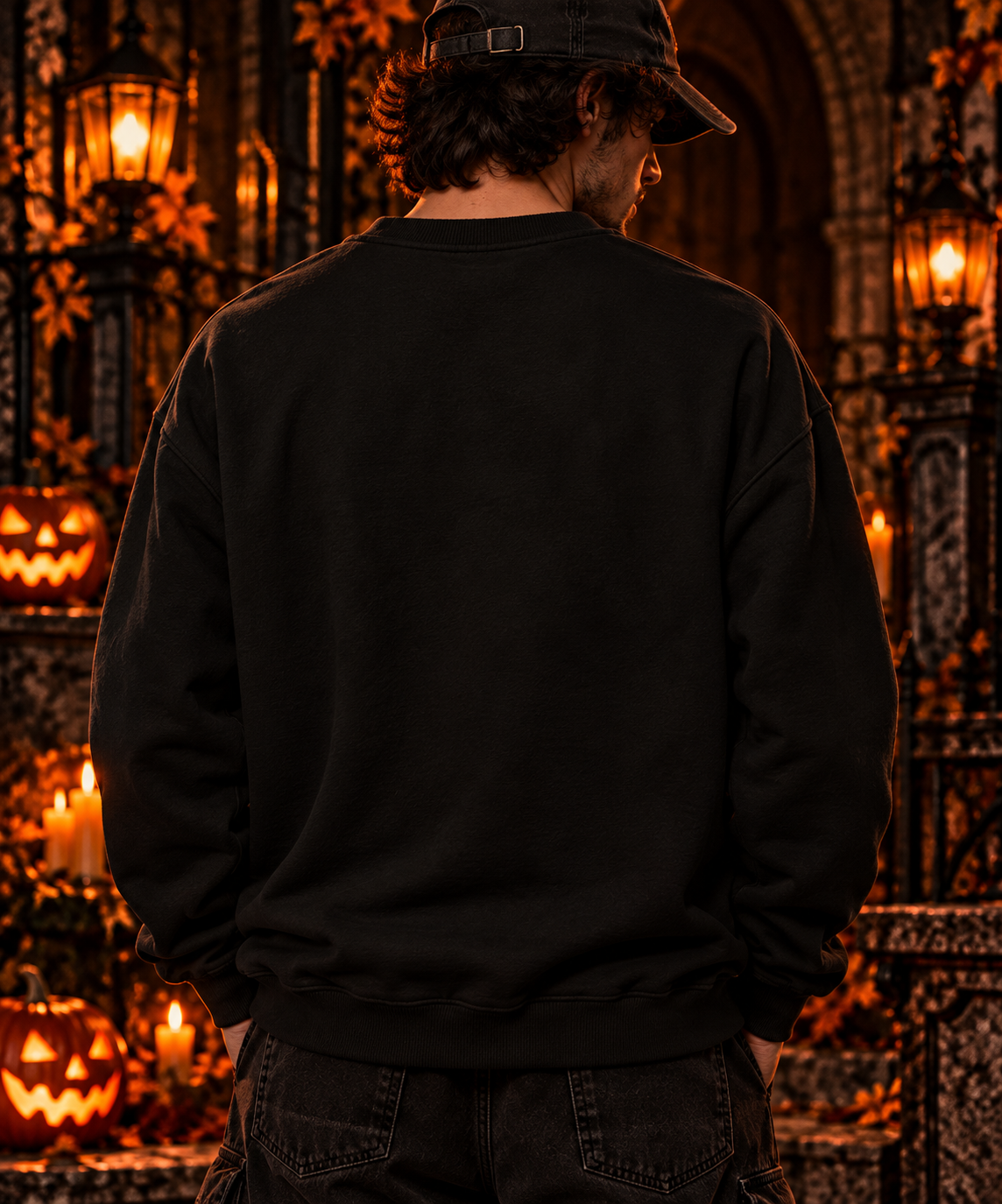 Witch Cat with Candles Skull Books Sweatshirt | Halloween Witchy Crewneck