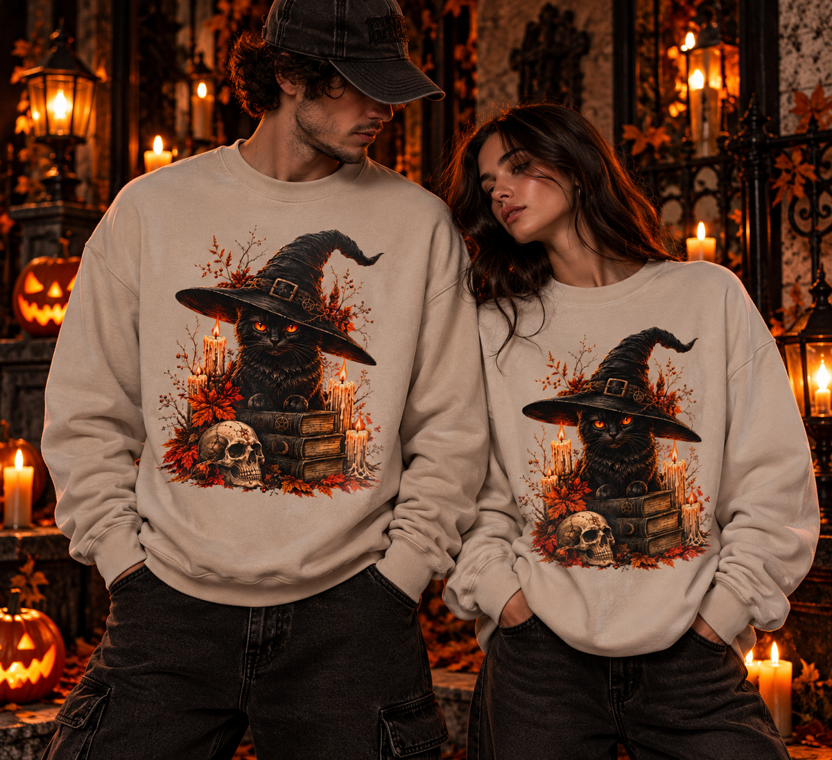 Witch Cat with Candles Skull Books Sweatshirt | Halloween Witchy Crewneck