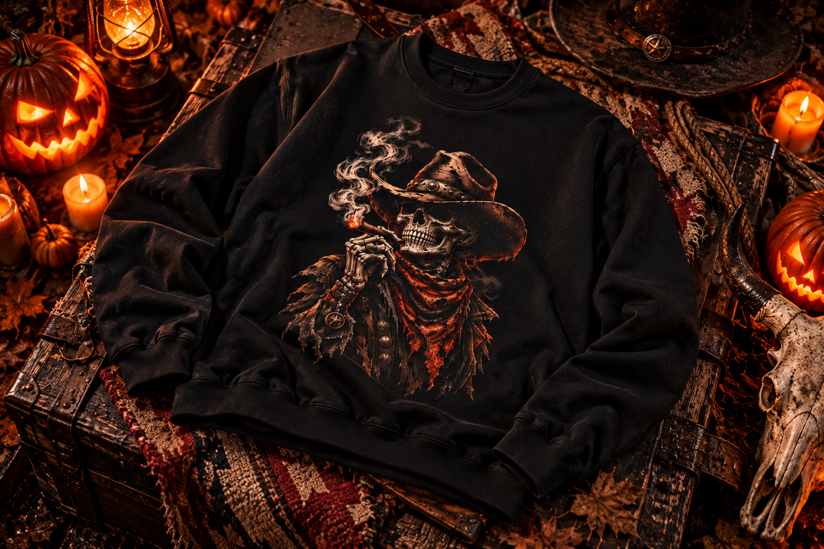 Cowboy Skeleton Smoking Sweatshirt | Western Gothic Graphic