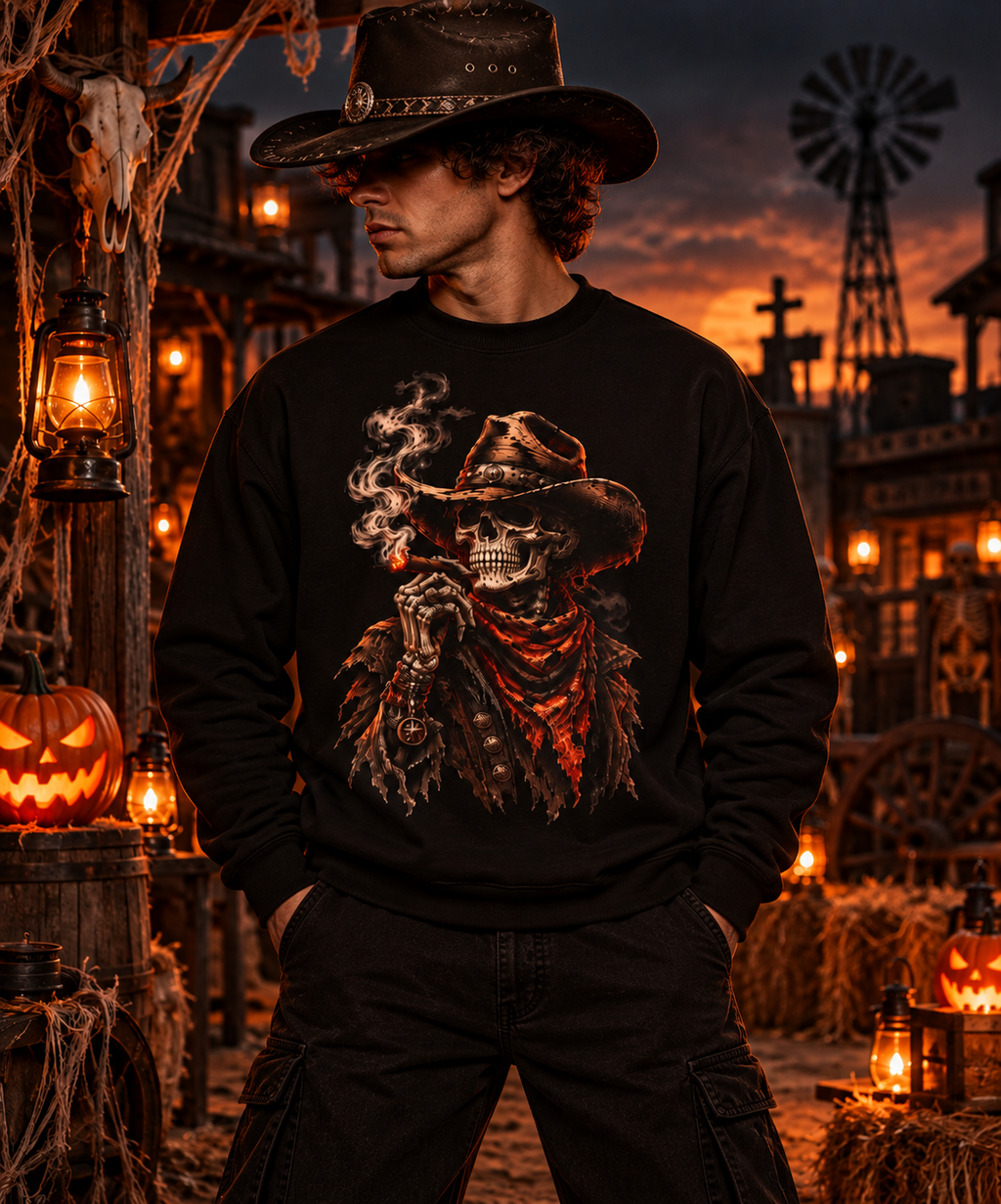 Cowboy Skeleton Smoking Sweatshirt | Western Gothic Graphic