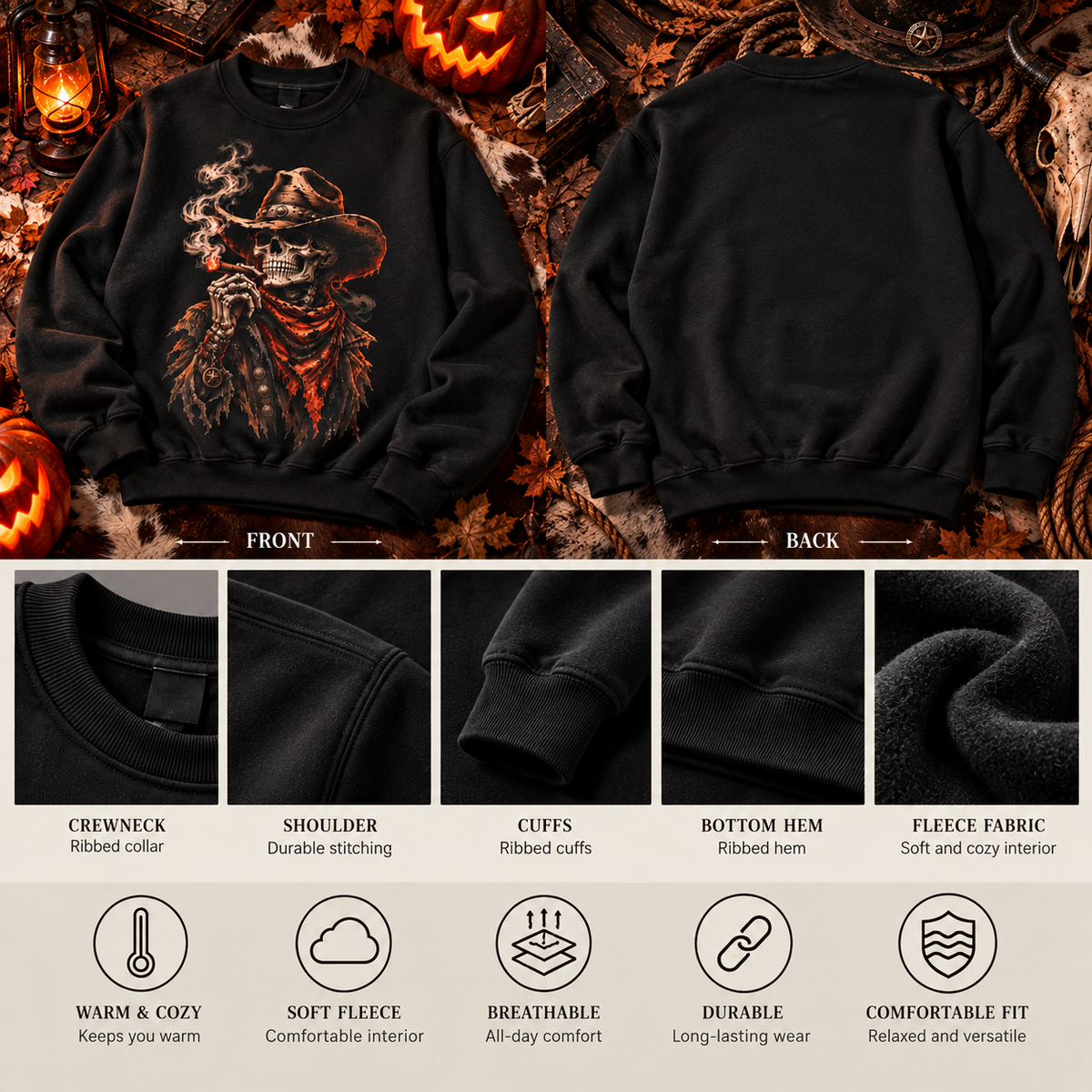 Cowboy Skeleton Smoking Sweatshirt | Western Gothic Graphic