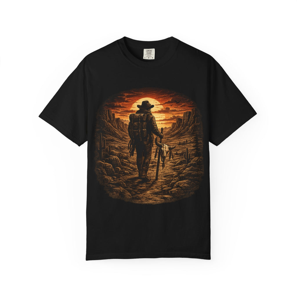 T-shirt graphique Western Sunset Explorer, aventure dans le désert, style cowboy